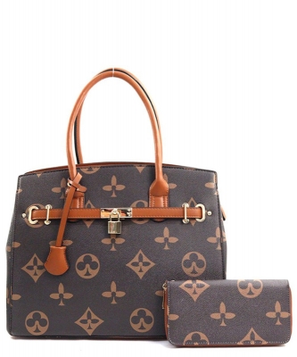 Fashion Faux Leather Geometric Handbag & Wallet DH-6794W  BROWN